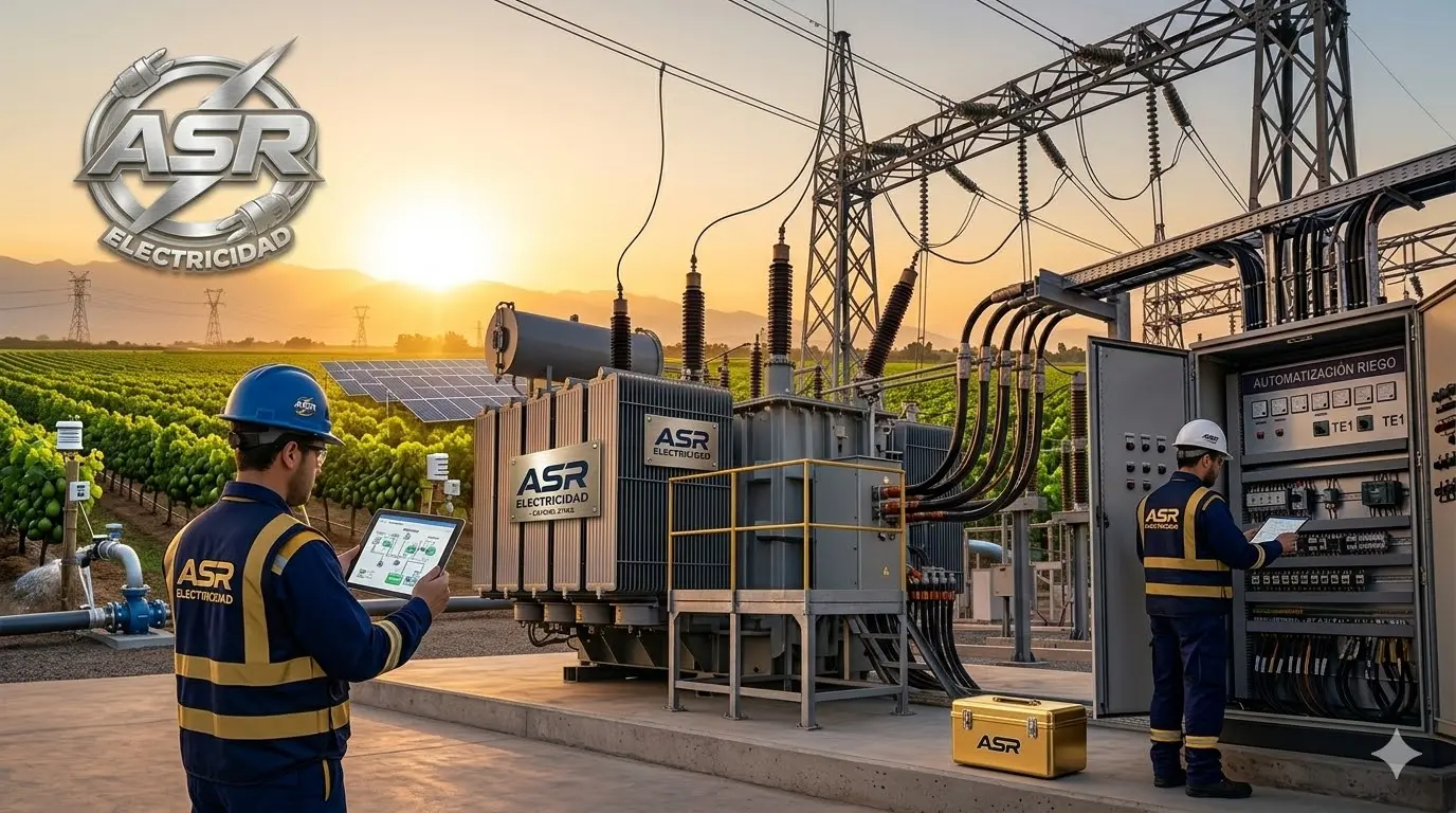 Técnico ASR Eléctricos supervisando sistema de riego automatizado en viñedo